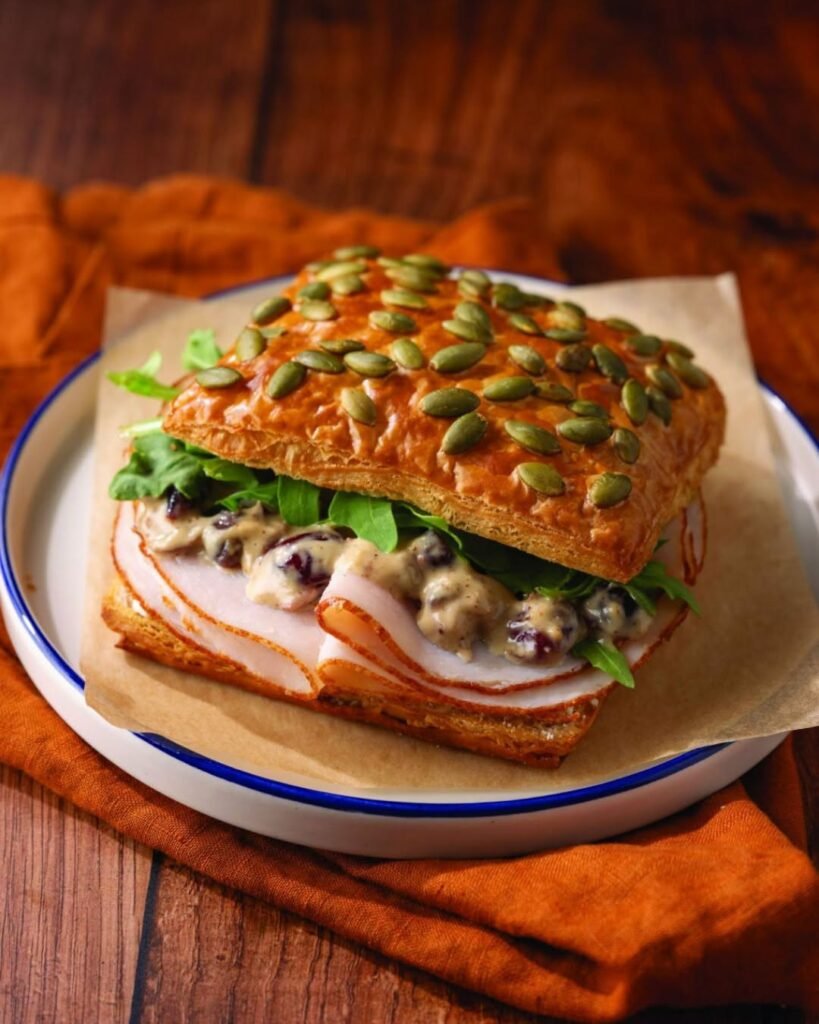 Sandwich on a plate with flaky bread, greens and sliced meat