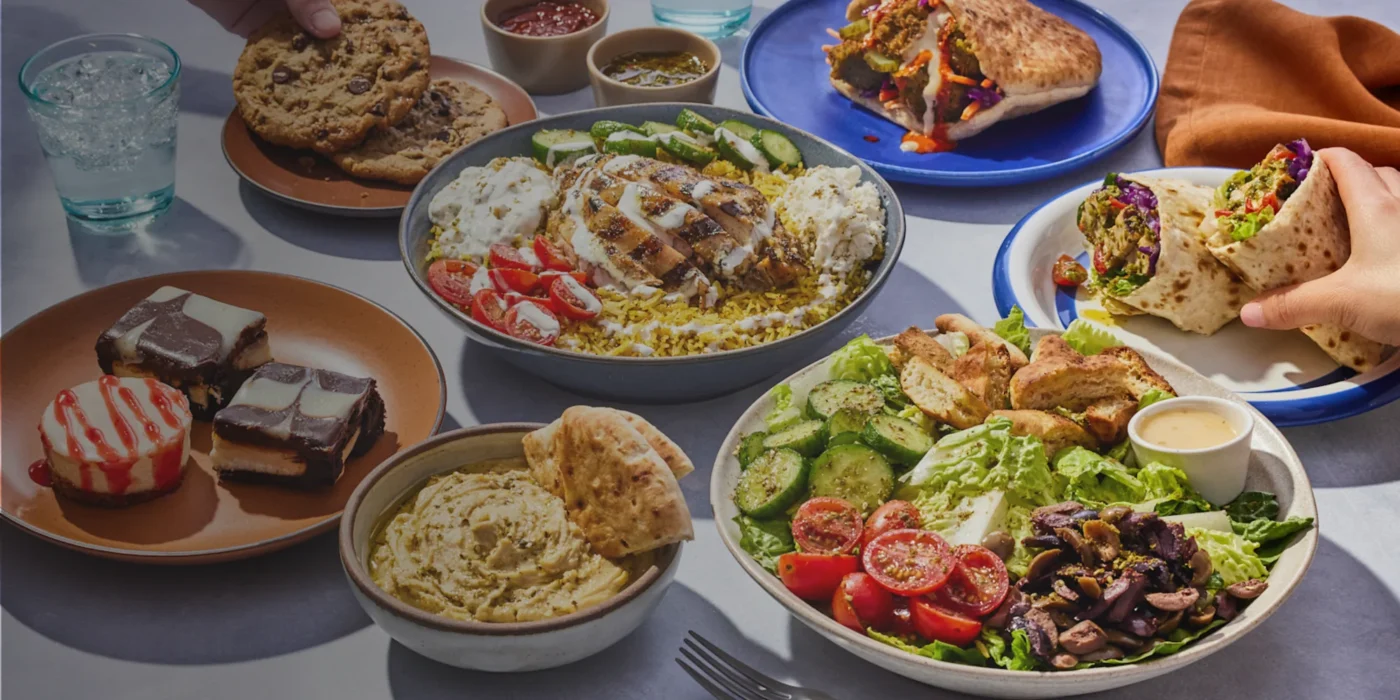 A table filled with Mediterranean bowls, pita wraps, dips, salads, cookies and brownies.