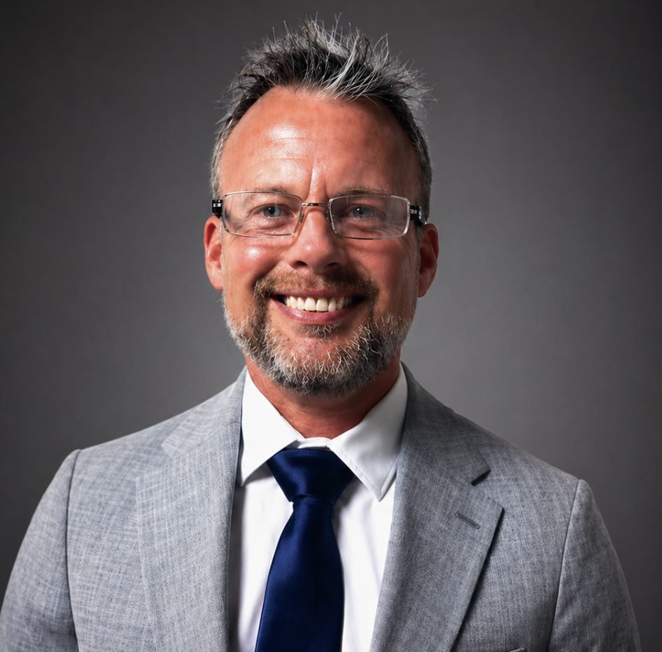 Smiling man in a gray suit jacket, white shirt and blue tie against a gray backdrop