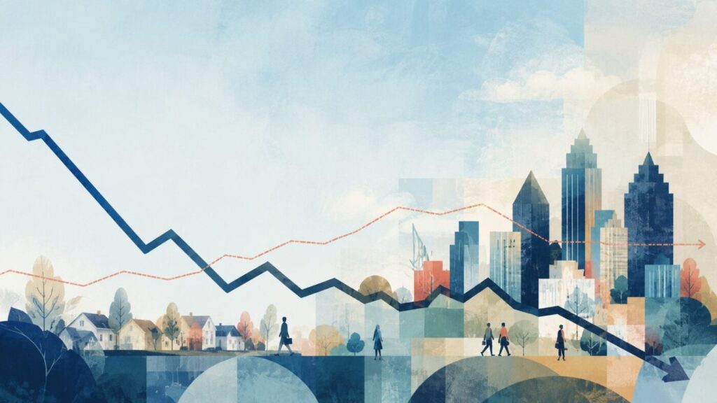 Illustrated city skyline with a downward-trending line graph and small pedestrians in the foreground