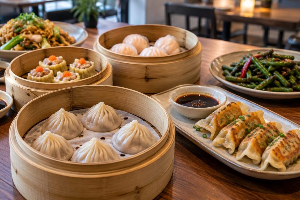Bamboo steamers and plated dumplings arranged on a restaurant table