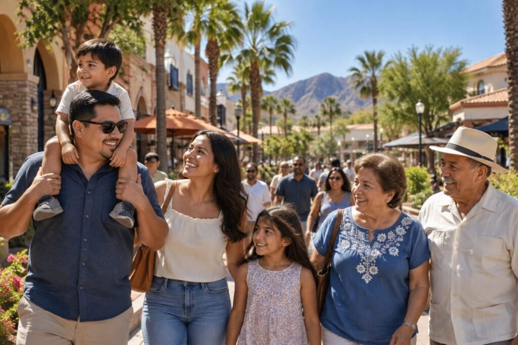 A multigenerational Latino family walks along a palm-lined outdoor shopping street.