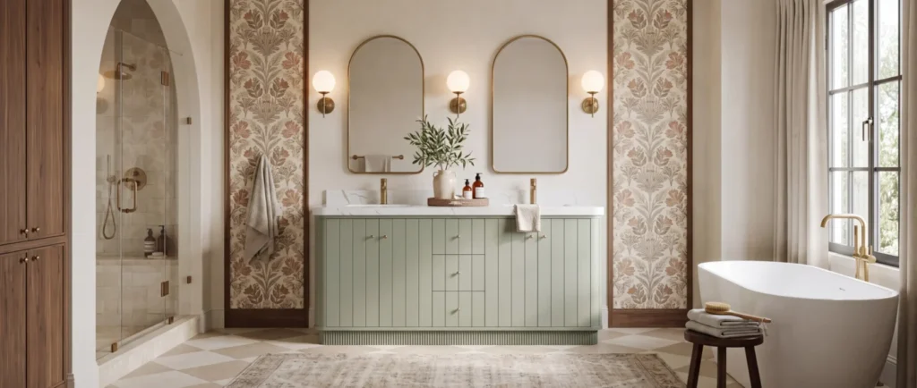 Houston 72-inch freestanding double-sink vanity in an AI-assisted bathroom interior rendering, not a showroom photograph.