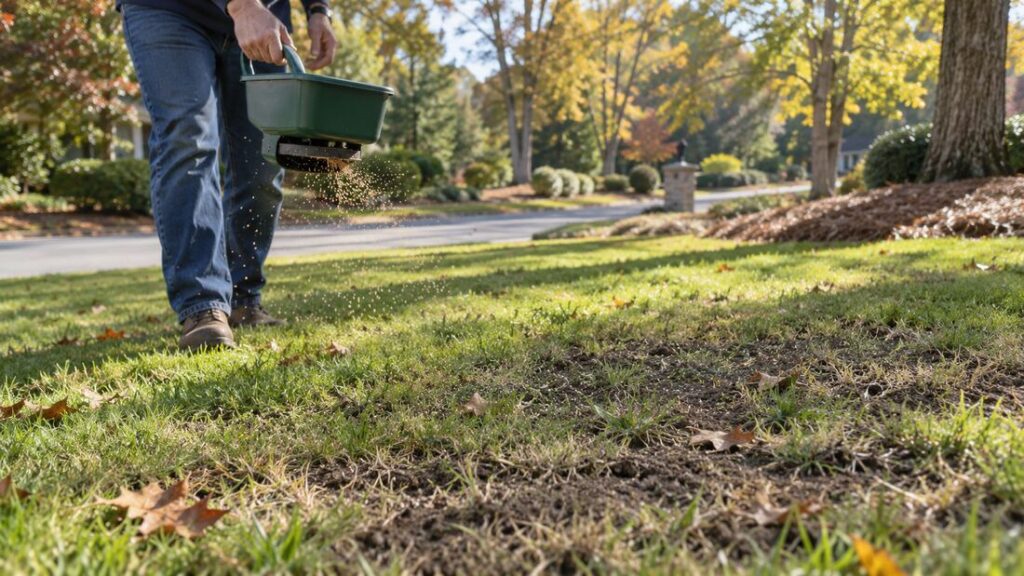 Person spreading seed from a green handheld spreader over a thin patch of grass beside a street