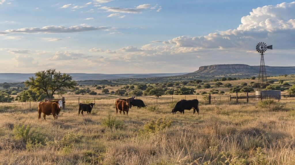 Cattle graze in a wide Texas ranch landscape with a windmill and low hills in the background.