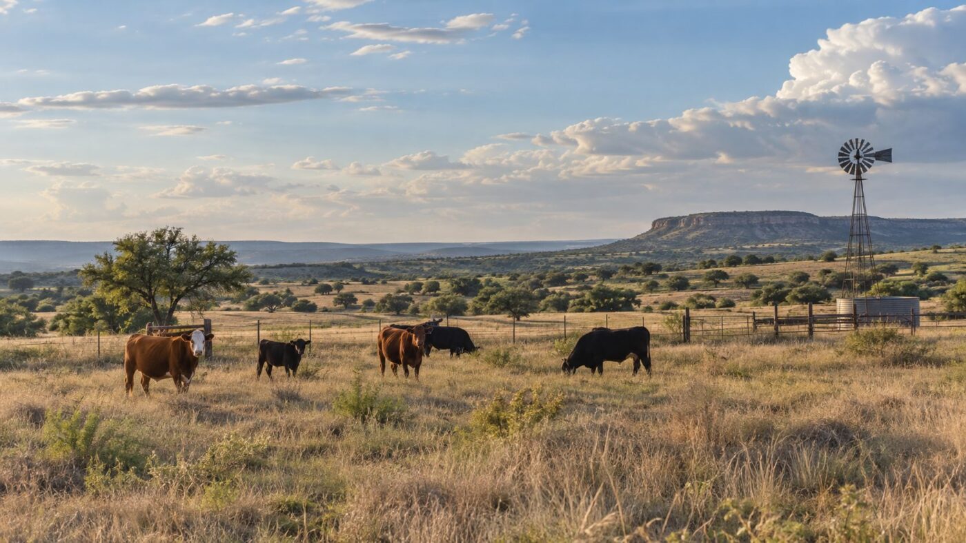 Cattle graze in a wide Texas ranch landscape with a windmill and low hills in the background.