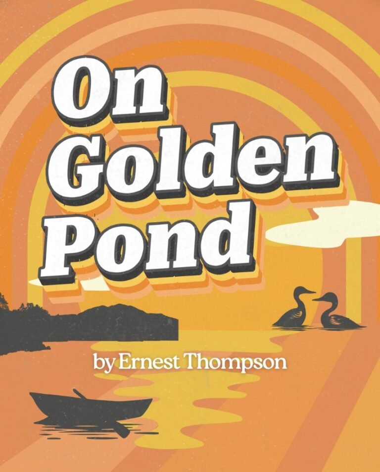 Poster for On Golden Pond with orange sunset, lake, and two loons.