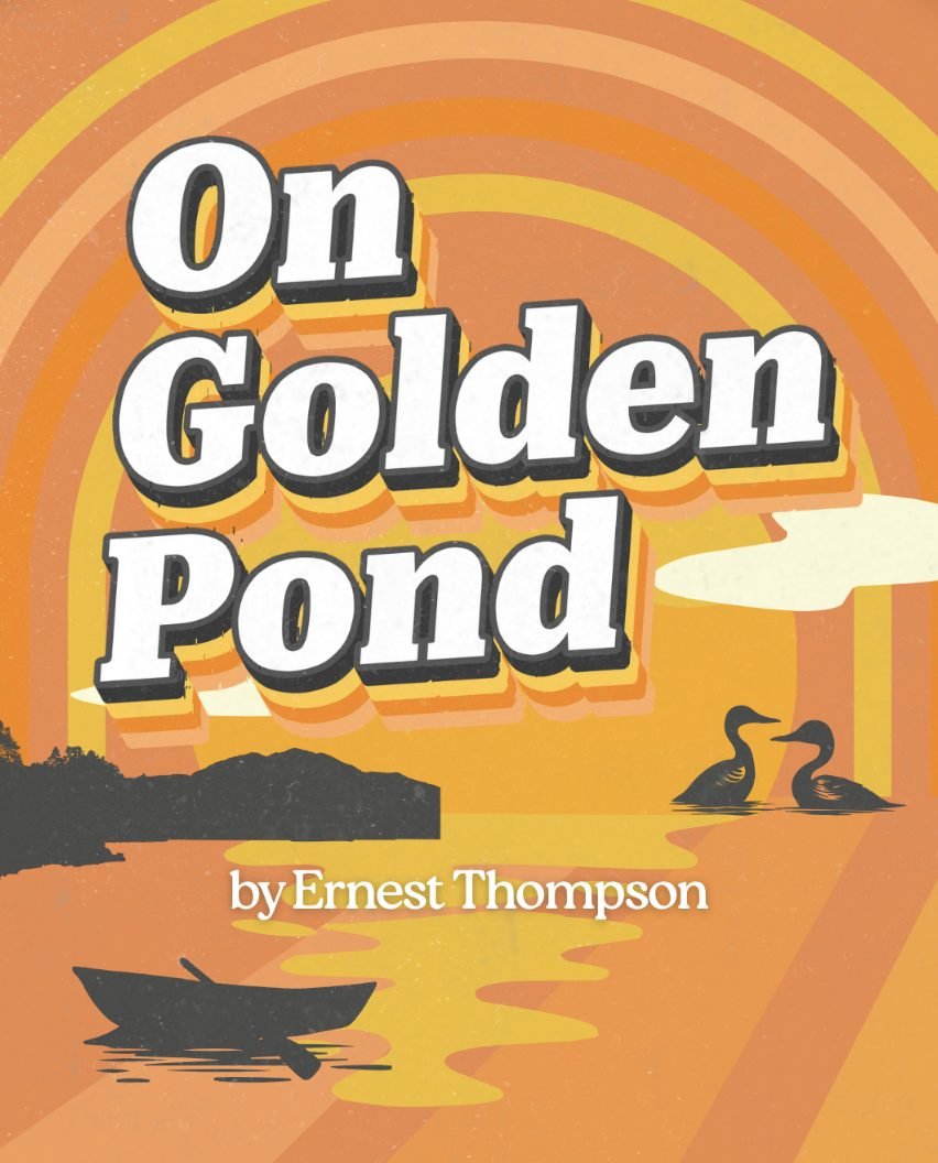 Poster for On Golden Pond with orange sunset, lake, and two loons.