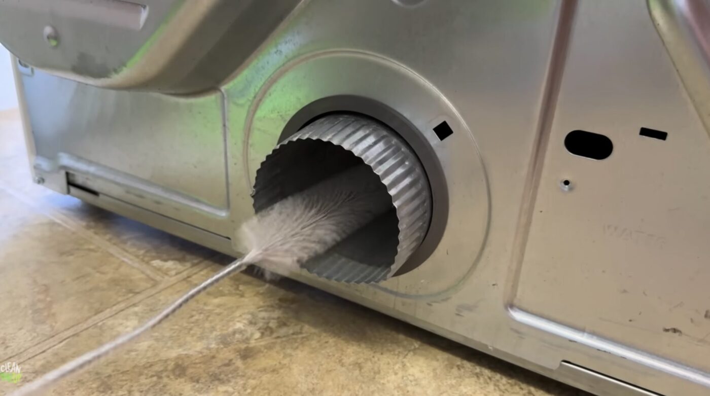 Brush cleaning lint from a flexible dryer vent duct at the back of a dryer.