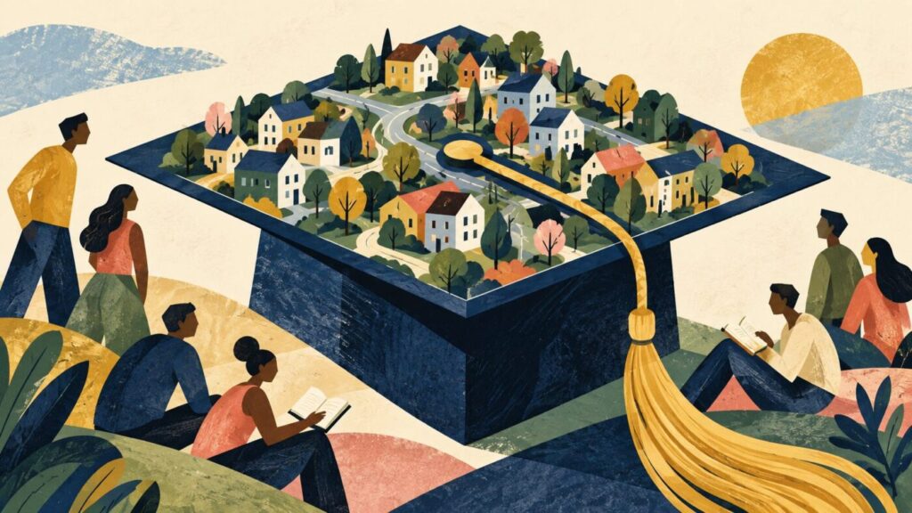 Illustration of people reading around a graduation cap topped with a neighborhood of houses and trees.