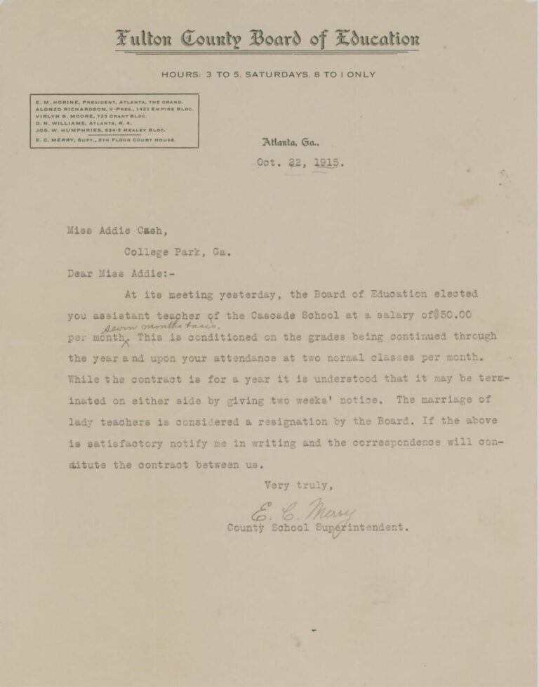 October 22, 1915 letter appointing Addie Cash a Cascade School teacher for $50 a month, with a clause treating marriage as resignation.