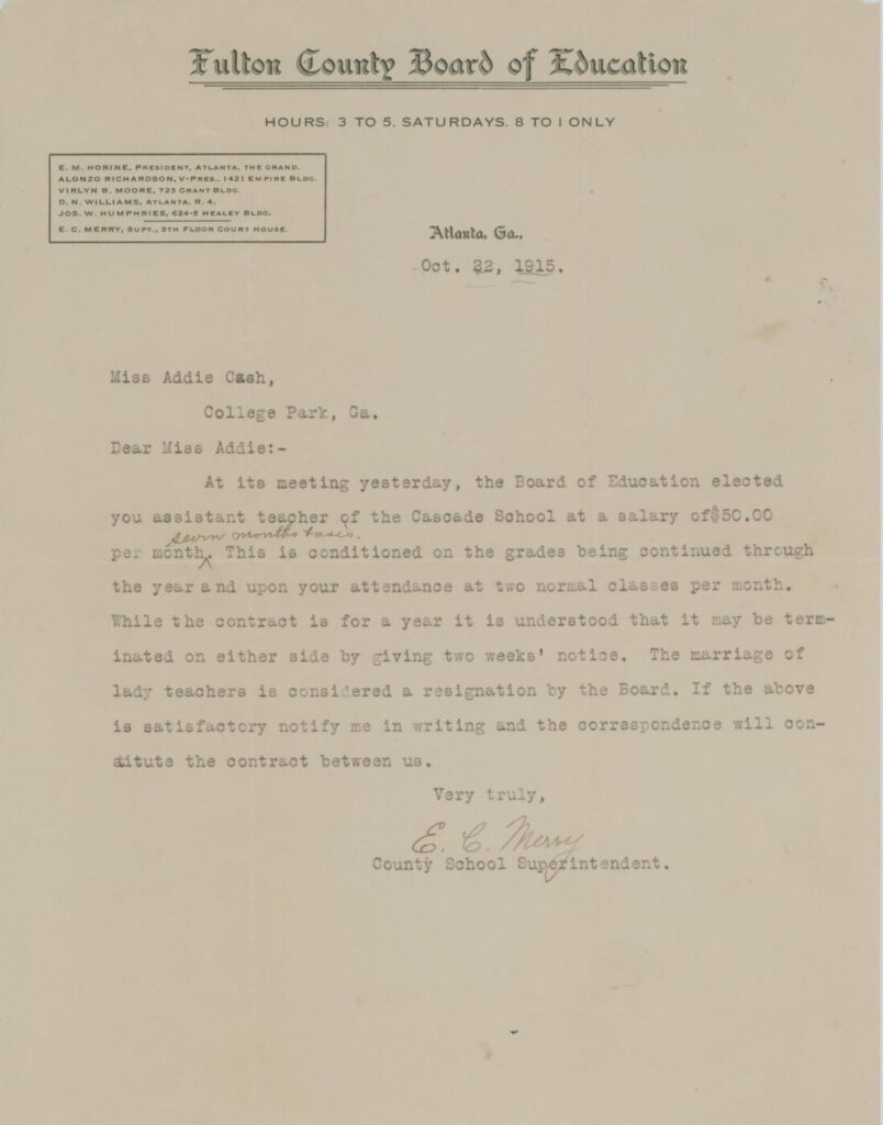 October 22, 1915 letter appointing Addie Cash a Cascade School teacher for $50 a month, with a clause treating marriage as resignation.