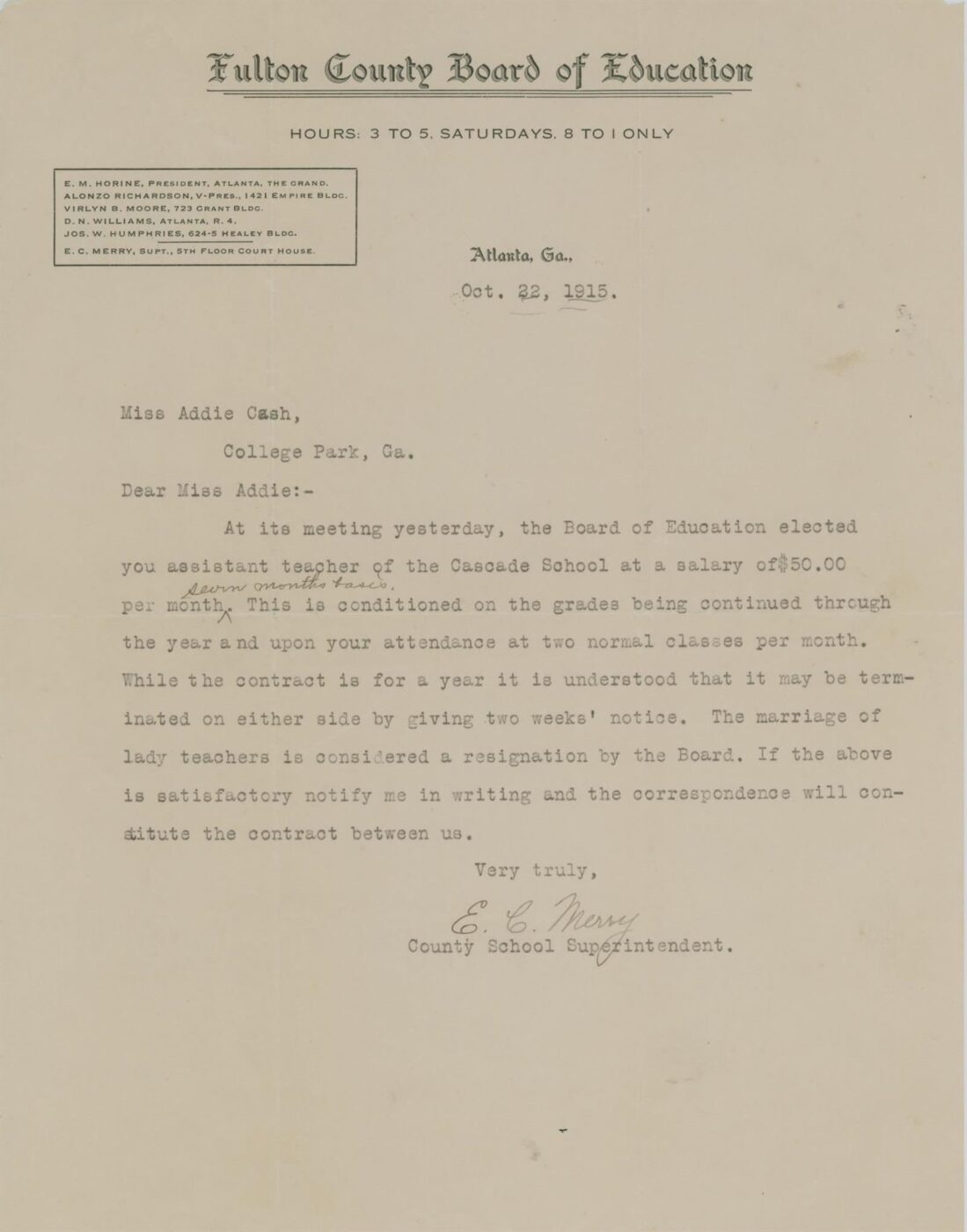 A Fulton Teacher’s 1915 Contract Offered $50 a Month. Marriage Meant Resignation.
