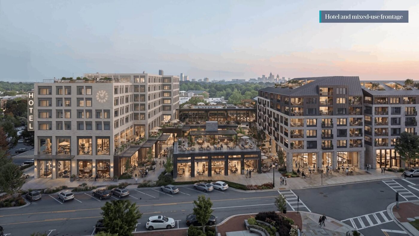 Conceptual rendering of proposed City Springs hotel, shops and apartments viewed across Mount Vernon Highway at dusk.