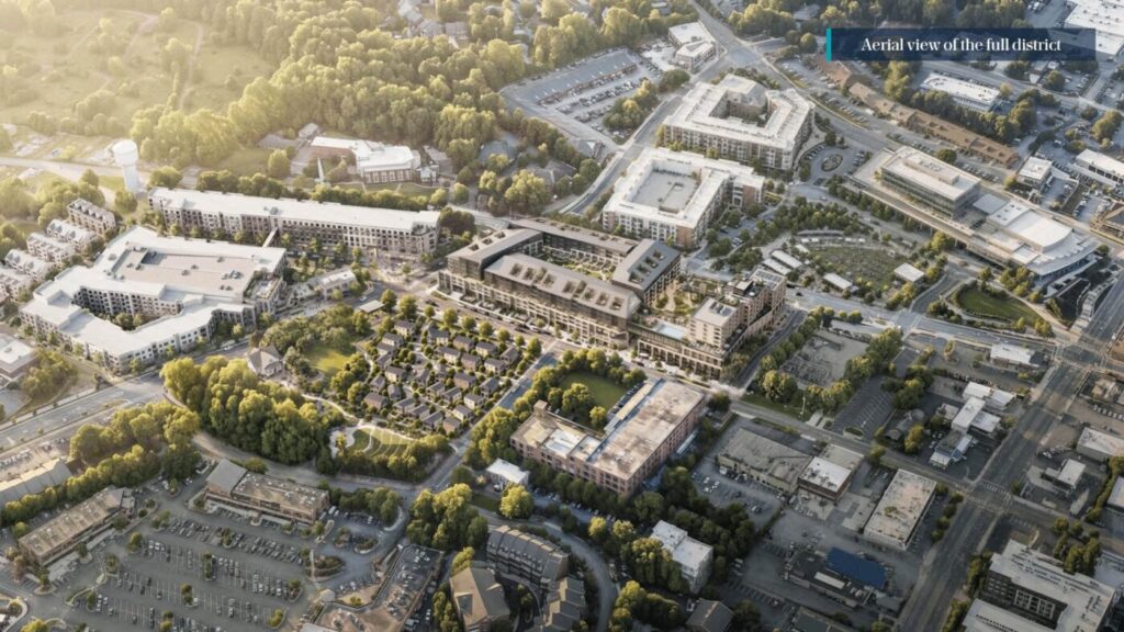 Conceptual aerial rendering of the proposed City Springs expansion in Sandy Springs, with new buildings and homes beside the existing civic district.