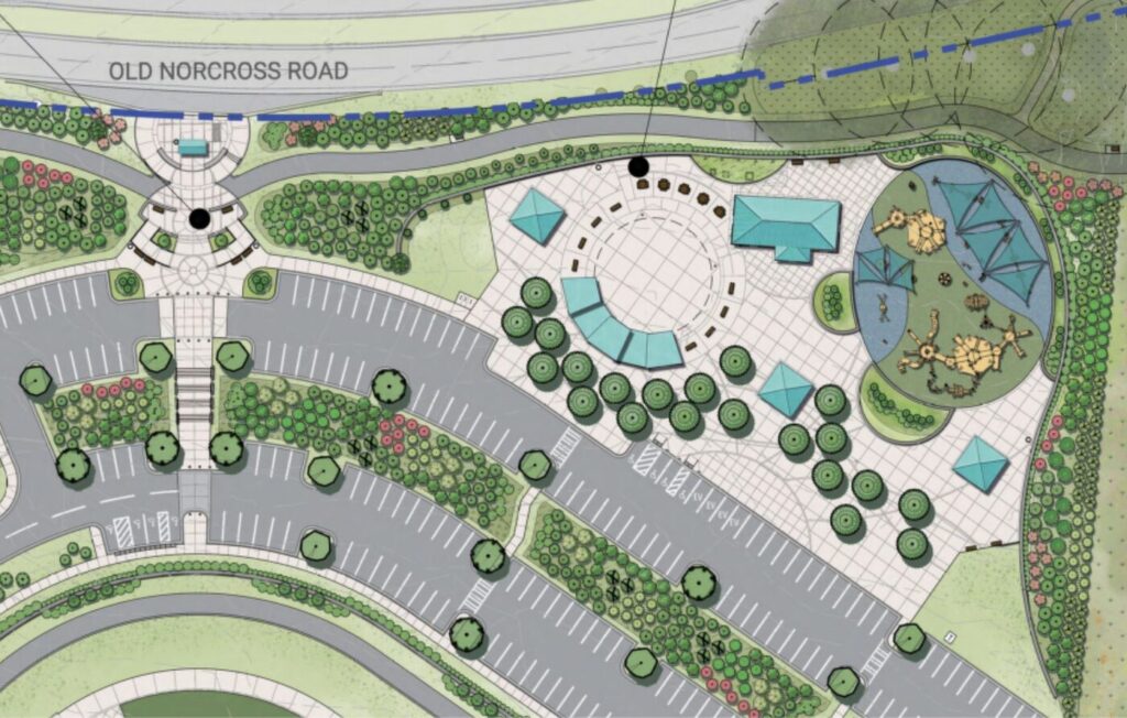 Park site plan with roads, parking lots, walking paths, trees and playground areas labeled along Old Norcross Road.