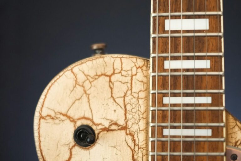 Close-up of an electric guitar’s strings, frets and cream-colored body