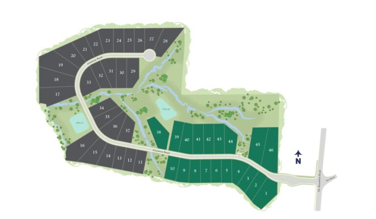 Site plan of Heritage Oaks showing 46 numbered lots along Greenway Bend