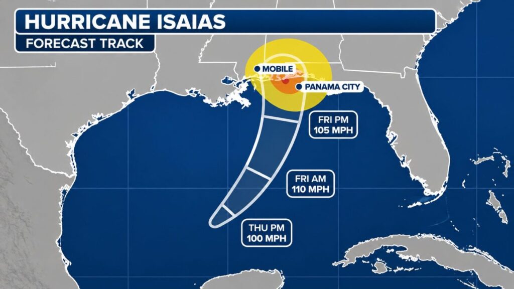 Forecast track map for Hurricane Isaias over the Gulf of Mexico and northern Gulf Coast, with labels for Mobile and Panama City
