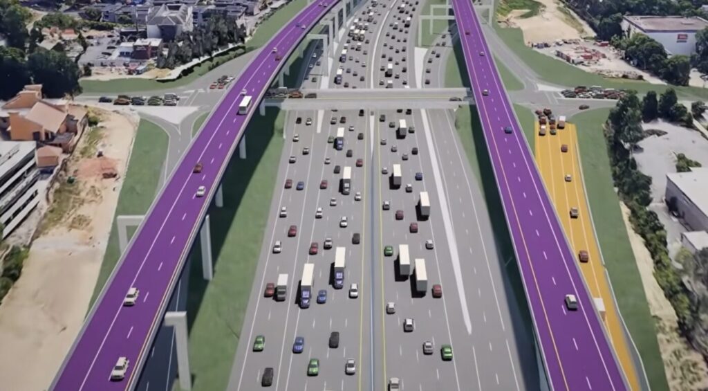 Aerial rendering of a busy freeway with added elevated lanes highlighted in purple and orange beside heavy traffic below