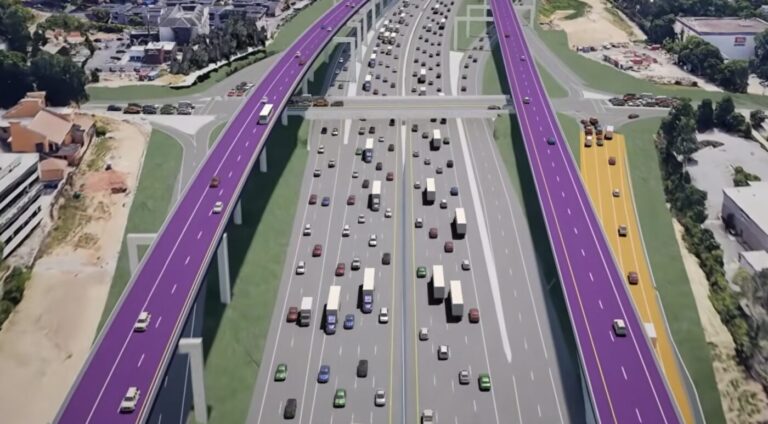 Aerial rendering of a busy freeway with added elevated lanes highlighted in purple and orange beside heavy traffic below