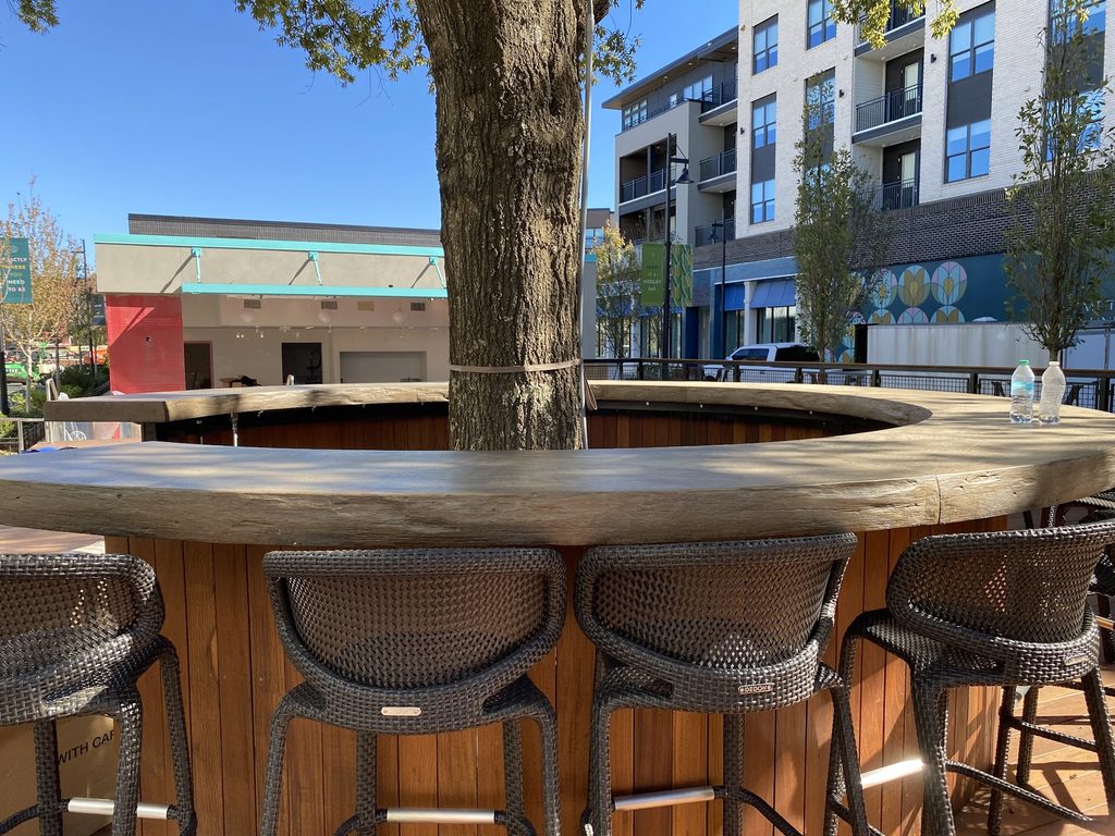Curved wooden counter and woven barstools surround a mature tree at Medley’s Tree Bar, with apartments and storefronts behind it.
