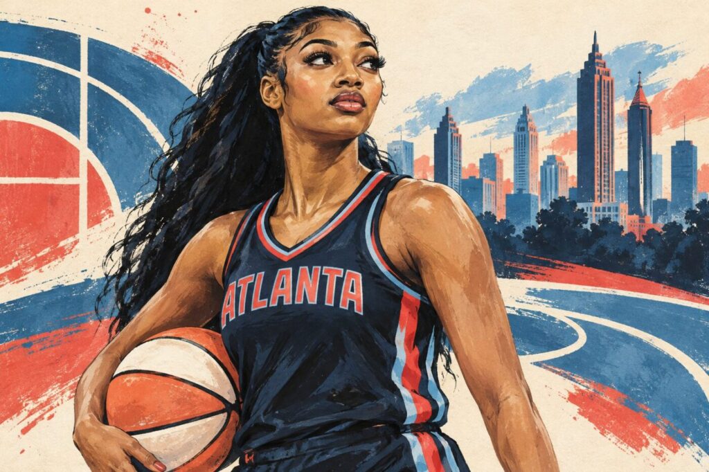 Illustration of a basketball player in an Atlanta jersey holding a ball with the city skyline in the background.