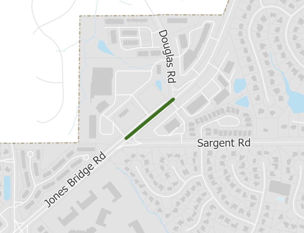 A map highlights a stretch of Jones Bridge Road between Douglas Road and Sargent Road.