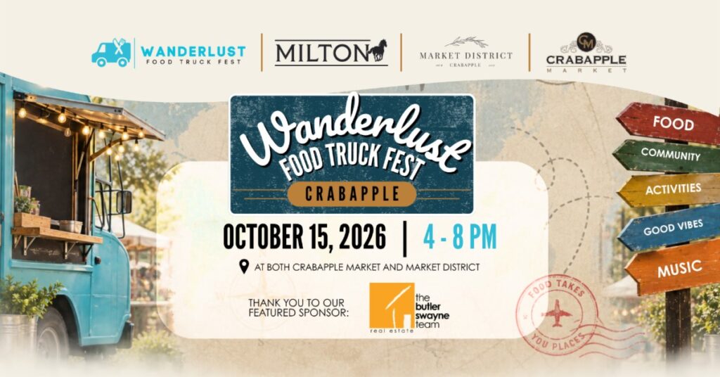 Promotional graphic for Wanderlust Food Truck Fest in Crabapple with event logos, a food truck photo, and text listing October 15, 2026, from 4 to 8 p.m.