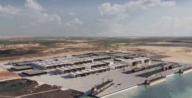 Aerial rendering of a large waterfront shipyard with multiple industrial buildings and docks beside open water.