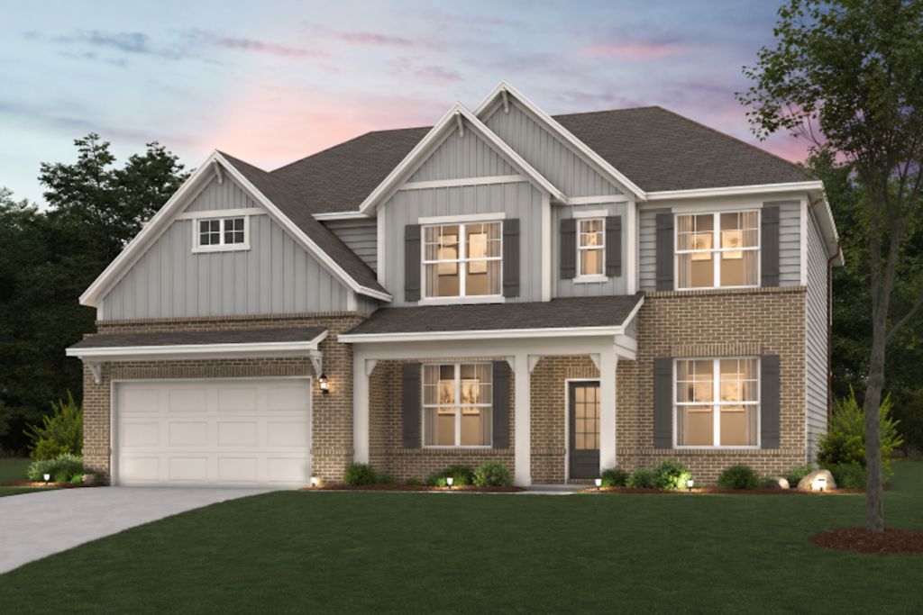 Rendering of a two-story house with brick and siding exterior, attached garage and covered front entry