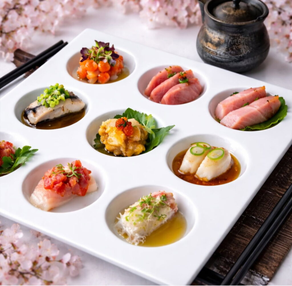 A selection of Tomo Japanese Restaurant dishes arranged in individual dishes on a white serving platter