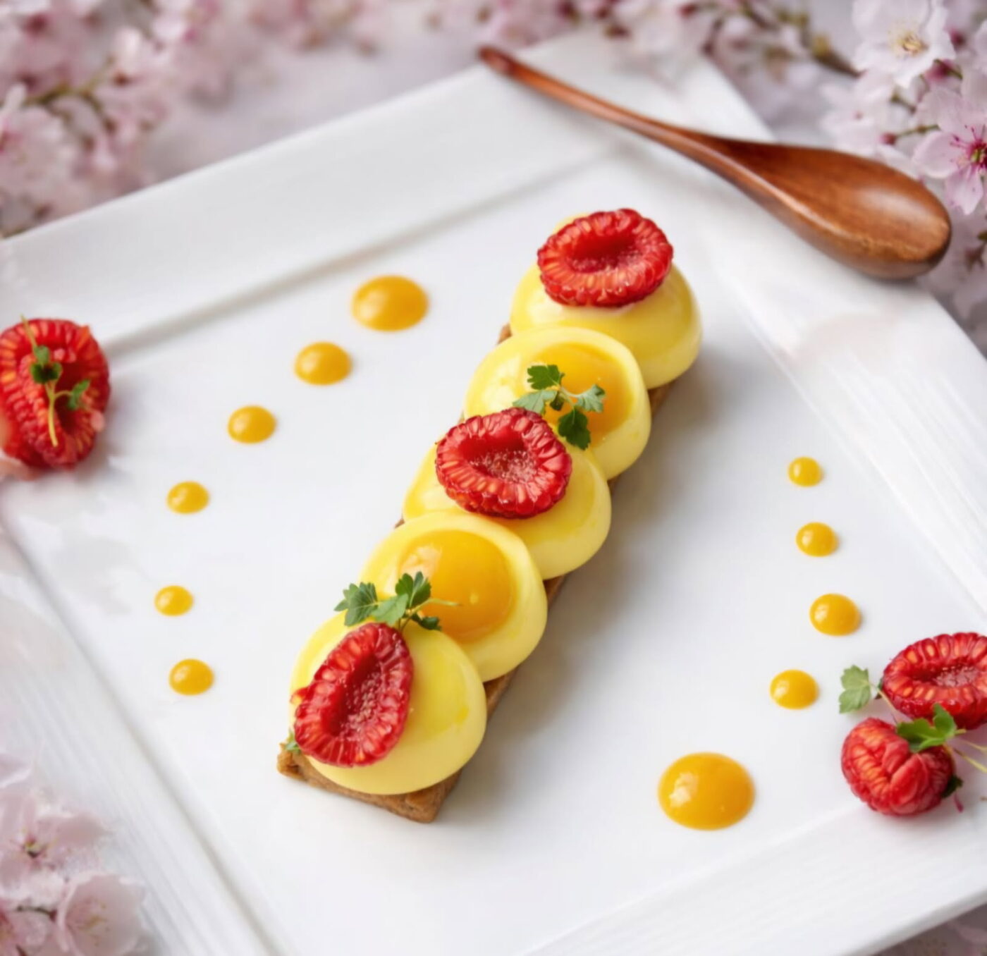 A yellow plated dessert topped with raspberries in a photograph supplied by Tomo