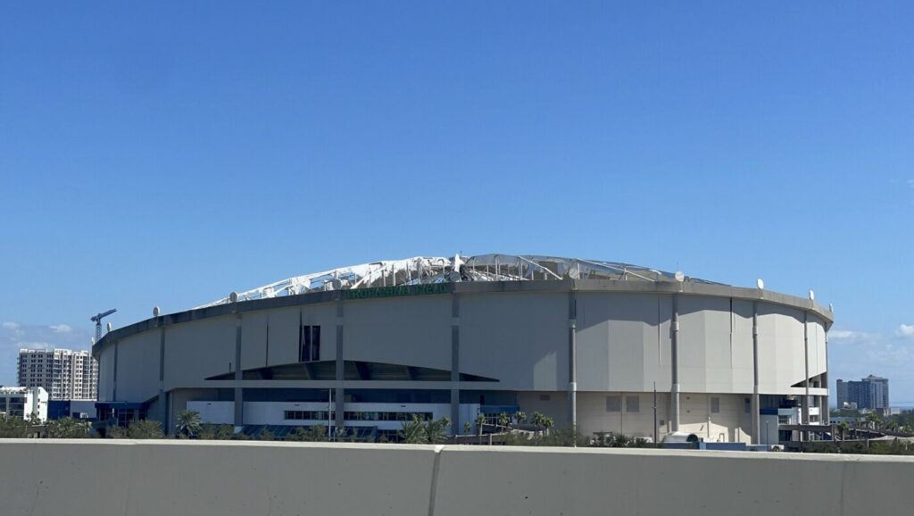 Tropicana Field stadium roof torn open following Hurricane Milton in St. Petersburg on October 13, 2024, before its later restoration.