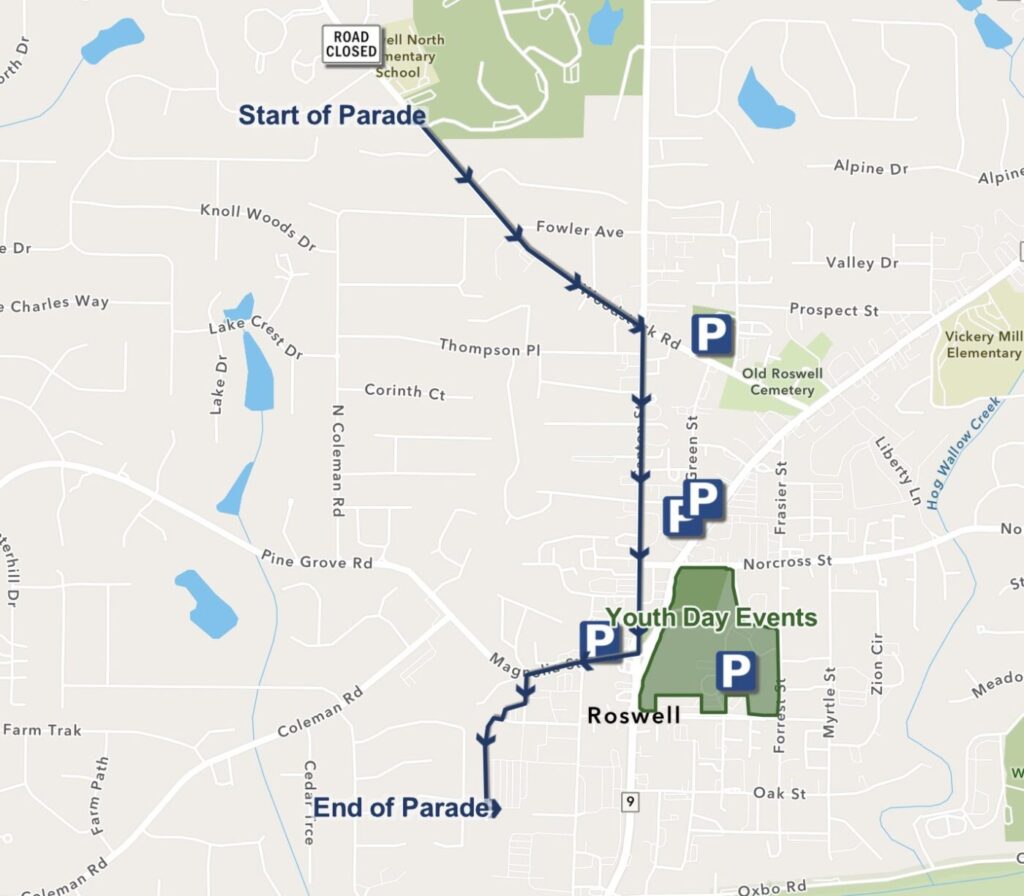 Map of the Youth Day parade route and event area in Roswell.