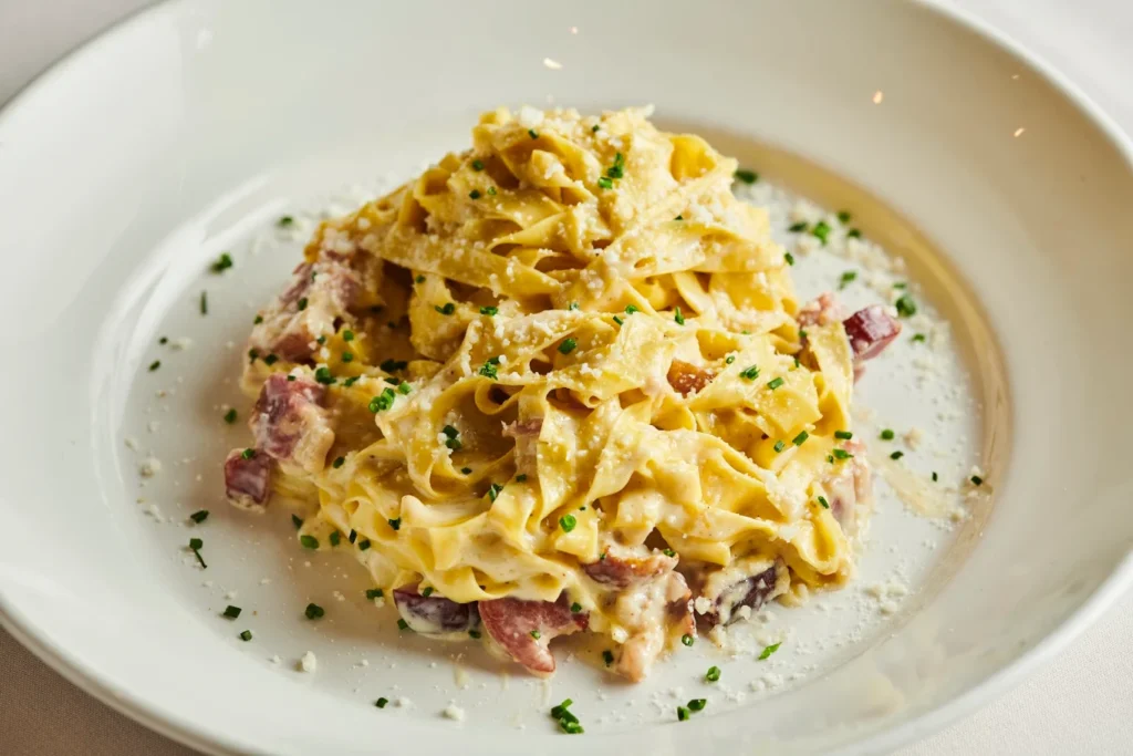 Un plato de pasta cremosa cubierto con hierbas y queso rallado