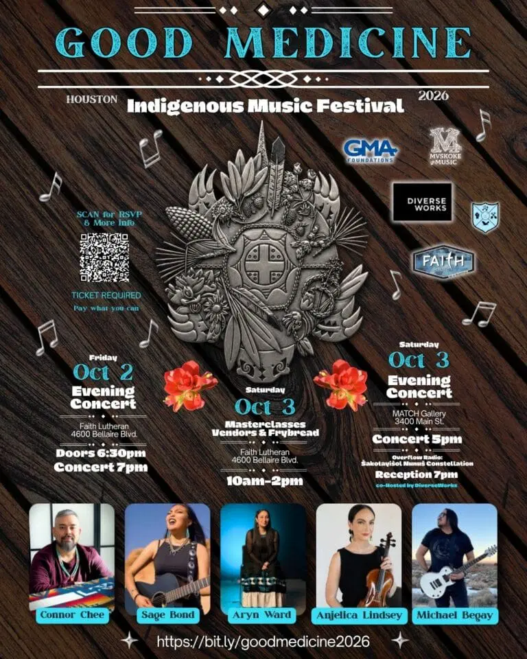 Festival poster for Good Medicine Indigenous Music Festival with dates, sponsor logos, music notes and artist headshots.