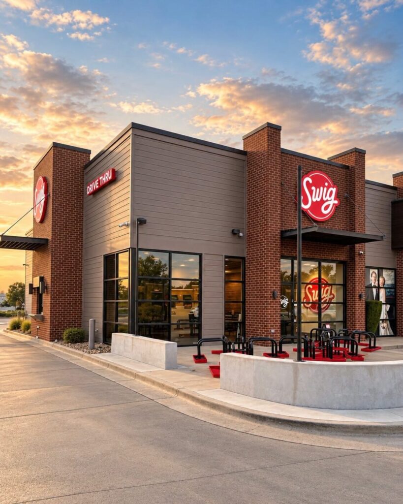 Swig storefront with drive-thru lane and red logo signs at sunset.
